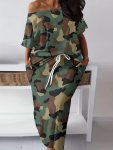 Plus Size Casual Outfits Set Women's Plus Camo Print Short Sleeve One Shoulder Tee & Pocketed Skirt Outfits Two Piece Set