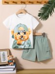 2PCS Boys Casual Cute Bear Graphic Print Comfortable Versatile Short Sleeve T-Shirt & Shorts Set Cool Lightweight And Comfy Summ