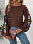 Floral Embroidered Crew Neck T-Shirt Elegant Ribbed Long Sleeve T-Shirt For Spring & Summer Women's Clothing