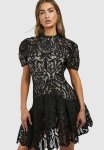 Premium Crochet Lace Puff Sleeve MINI Dress - Black