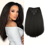 7PCS Kinky Straight Clip In Hair Extensions 55.88 Cm Black Color Kinky Straight Hair Extensions For Women Yaki Straight Clip In