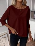 Drop Shoulder Crew Neck T-Shirt Casual Three-quarter Sleeve T-Shirt For Spring & Summer Women's Clothing