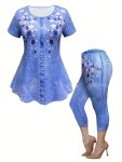 Plus Size Floral Print Casual Two-piece Set Crew Neck Short Sleeve Top & Slim Pants Outfits For Spring & Summer Women's Plus Siz