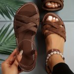 Women's Solid Color Flat Sandals Casual Cross Strap Summer Beach Shoes Lightweight Elastic Band Shoes