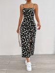 Floral Print Spaghetti Strap Dress Elegant Sleeveless Cami Split Hem Dress For Spring & Summer Women's Clothing