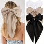 3PCS Fashion Bow Hair Clips Silky Satin Large Hair Ribbons Solid Color Long Tail Hair Accessories