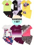 Random 1 Set Girls Clothes Portrait Butterfly Lips Giraffe Leopard Ombre Graphic T-Shirt + Shorts Set - Perfect For Summer