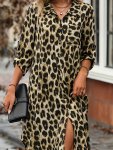 Leopard Print Button Front Dress Casual 3 4 Sleeve Dress For Spring & Summer Women's Clothing