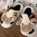 Cute Cow Design Slippers Casual Slip On Plush Lined Shoes Comfortable Indoor Home Slippers