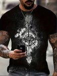 Vintage Compass Graphic Print Crew Neck Short Sleeve T-Shirt For Men Casual Summer T-Shirt For Daily Wear And Vacation Resorts