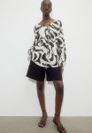 Drawstring-detail Blouse - Cream & Black Patterned