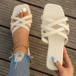Women's Simple Solid Color Slide Sandals Casual Square Open Toe Flat Summer Shoes Lightweight Slide Sandals