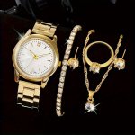 1 6PCS SET Classic Golden Quartz Watch Business Fashion Steel Band Wrist Watch & Rhinestone Jewelry Set Ramadan Gifts For Women