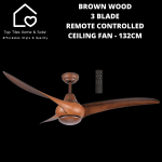Brown Wood 3 Blade Remote Controlled Ceiling Fan - 132CM