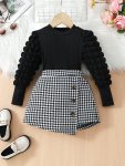 Elegant Girls 2PCS Solid Puff Long Sleeve Pullover Top + Houndstooth Pattern Skirt Set Spring Fall Gift