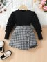 Elegant Girls 2pcs Solid Puff Long Sleeve Pullover Top + Houndstooth Pattern Skirt Set Spring Fall Gift