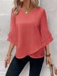 Swiss Dot Layered Ruffle Hem Half Sleeve Blouse Elegant Asymmetrical Hem V Neck Blouse For Spring & Summer Women's Clothing Wedd