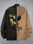 Contrast Color Matching Design Men's Hooded Jacket Cartoon Pattern Casual Long Sleeve Hoodies With Zipper Gym Sports Hooded Coat