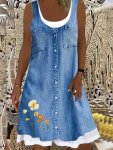 Plus Size Casual Dress Women's Plus Floral & Denim Print Round Neck Loose Tank Dress