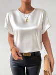 Crew Neck Loose Solid Blouse Casual Short Sleeve Blouse For Spring & Summer Women's Clothing