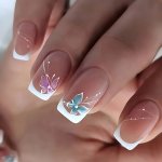 24 Pcs Pink And White French Butterfly Press-on Nails Glossy Medium Square Fake Nails Reusable Nail Art With Elegant Patterns Fo