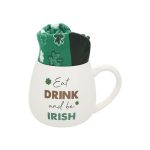 Pavilion Gift Company - Eat Drink And Be Irish - 15.5 Oz Coffee Mug Tea Cup With Crew Socks St Patrick's Day St Patty's