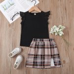 Plaid Skirt With Black Ribbed Lace Sleeveless Top