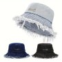 Sun Protection Polyester Bucket Hat With Frayed Edge Design Hand Washable Woven Denim Style Cap For Spring And Summer