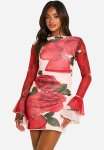 Slash Neck Rose Mesh Print Flare Sleeve MINI Dress - Red
