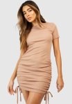 Rouched Detail Ribbed MINI Bodycon Dress - Stone