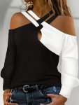 Color Block Criss Cross Keyhole T-Shirt Versatile Cold Shoulder T-Shirt For Spring & Fall Women's Clothing