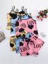 3 Sets Letter Print Pajama Set Casual Crew Neck Cami Top & Bow Tie Elastic Waistband Shorts Women's Sleepwear & Loungewear