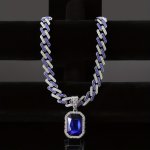 Fashion Men's Pendant Necklace With Blue Zirconia And Cuban Chain