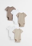 5-PACK Cotton Bodysuits - Beige & White