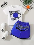 2PCS Boys Casual Basketball Slogan Print Versatile Short Sleeve T-Shirt & Shorts Set Cool Lightweight And Comfy Summer Clothes