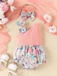 Newborn Baby Girls Summer Floral Slant Shoulder Triangle Romper + Bow Headband Set Baby Girl Clothing