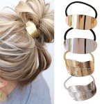4PCS Bohemian Minimalist Alloy Hair Ties Set - Leaf Design Glossy Metallic Hair Rings Simple Textured Elastic Ponytail Holders F