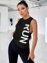 Letter Print Casual Tank Top Round Neck Sleeveless Sports Vest T-Shirt Women's Activewear