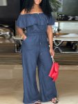Solid Off Shoulder Tie Waist Jumpsuit Elegant Ruffle Trim Wide Leg Jumpsuit Women's Clothing Wedding Holiday Vacation