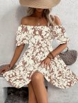 Floral Print Off Shoulder Dress Elegant Puff Sleeve Dress For Spring & Summer Women's Clothing