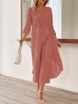 2 Pcs Solid Color Chiffon Top & Pants Set Long Sleeve Crew Neck Longline Split Hem Top & Wide Leg Cropped Pants Outfits Women's