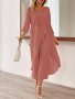 2 Pcs Solid Color Chiffon Top & Pants Set Long Sleeve Crew Neck Longline Split Hem Top & Wide Leg Cropped Pants Outfits Women's Clothing