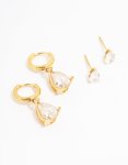 Waterproof Gold Plated Stainless Steel Pear Cut Cubic Zirconia Earrings 2-PACK