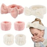 3PCS SET Fluffy Lovely Bowknot Head Band Water Absorbent Wristband For Spa Makeup Skincare Face Washing
