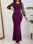 Contrast Mesh Mermaid Dress Elegant Crew Neck Long Sleeve Dress For Party & Banquet Women's Clothing
