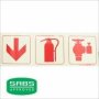Parrot Photoluminescent 190MM Safety Sign - F10 - Arrow Down + Fire Extinguisher + Fire Hydrant