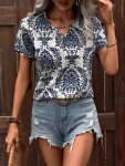 Ethnic Print Cut Out Blouse Vintage Short Sleeve Blouse For Spring & Summer Women's Clothing