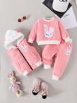 Baby Girl's 3PCS Set With Long Sleeve Sweatshirt + Trousers + Hooded Coat Vest Cute Rabbit Embroidery Design Autumn And Winter S