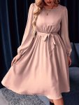 Plain Color Crew Neck Dress Elegant Lantern Sleeve Tie Waist A-line Dress For Spring & Fall Women's Clothing