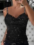 Women's Fashion Glitter Cami Top With Rhinestone Straps Hot Sleeveless Sparkle Camisole Casual Party Wear